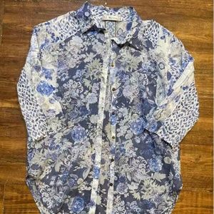 3J Workshop Johnny Was Blue Floral Geometric Button Down Blouse Shirt Size Small